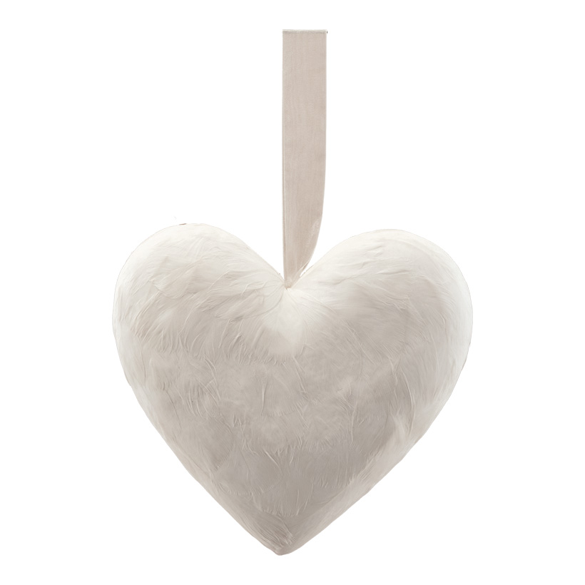 Coeur avec cintre, H: 21cm recouvert de plumes, en mousse dure