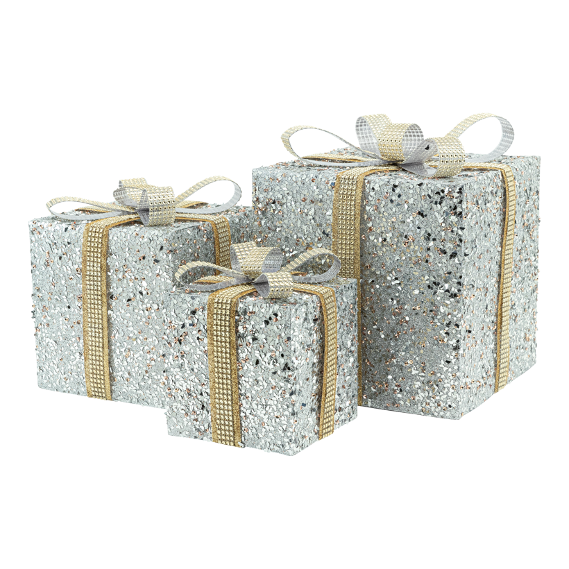 Geschenkboxen, 29x26x25cm, 24x20x20cm 19x15x15cm 3 Stk./Set, aus Kunststoff/Metall, beglittert, ineinander passend