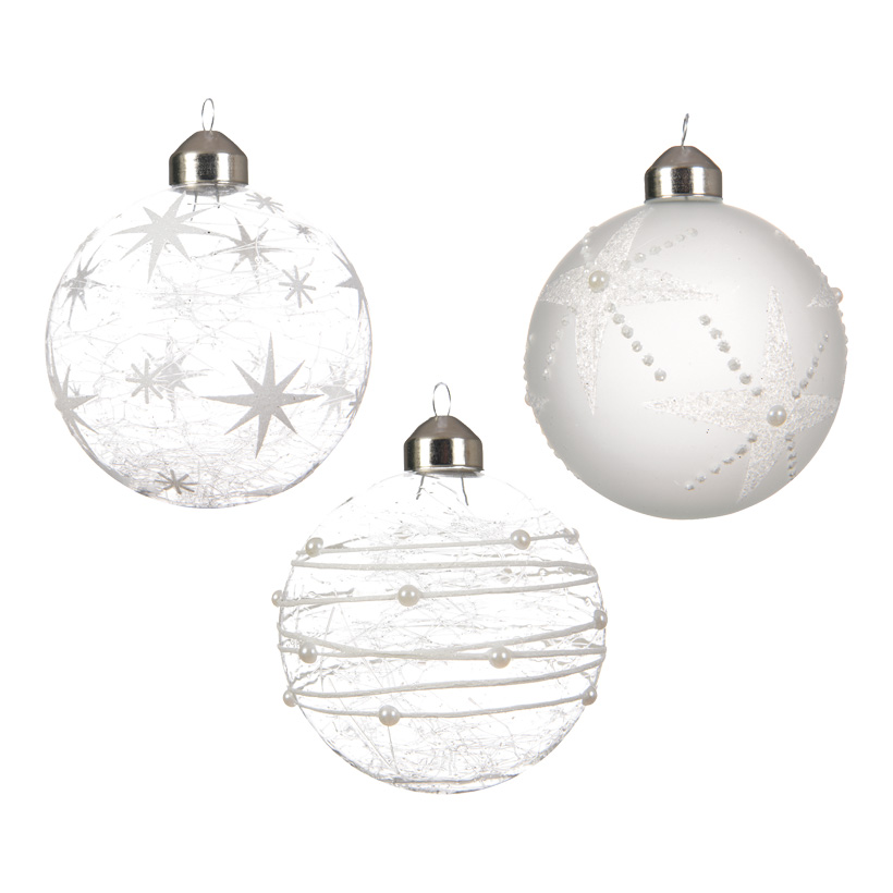 # Glass balls, Ø 8cm 3 designs assorted, set of 12, with organza hanger