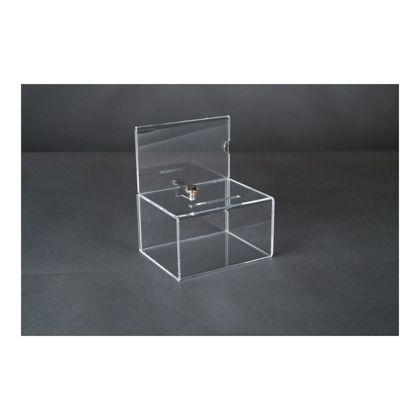 # Acrylic raffle box, 20x20x20cm lockable, with poster slide-in