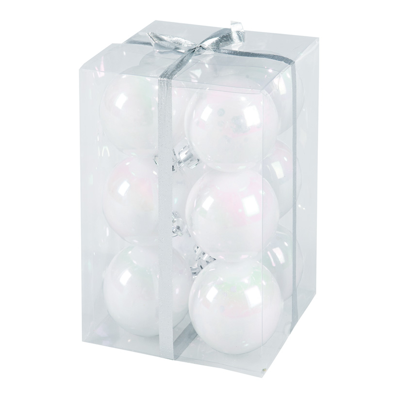 Christmas balls, white, Ø 6cm, 12pcs./blister, iridescent, plastic