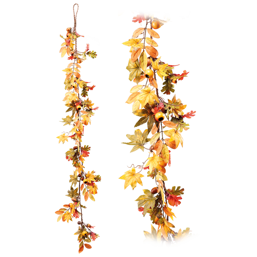 Autumn garland, flexible, one-sided, with hanger, 150x15cm out of artificial silk and plastic, with diifferent leaves, acorns and berries