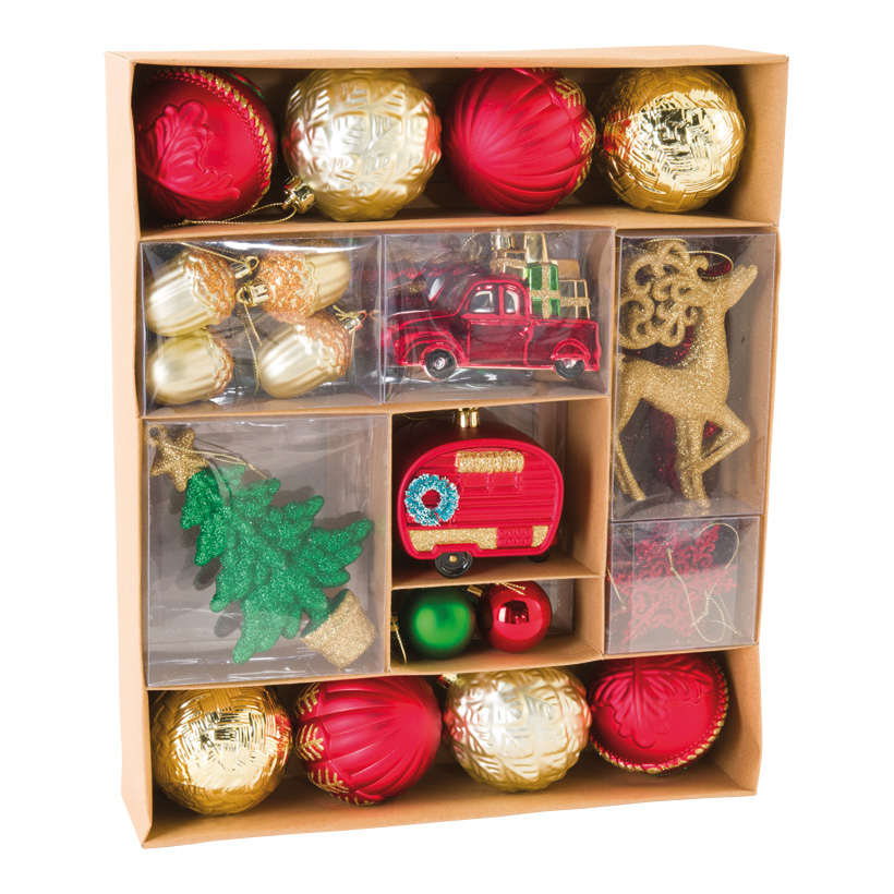 Baumschmucksortiment, Ø 3-14cm 60 Stk., aus Kunststoff, sortiert,mit Ornamente, Autos, Rentier, Tannenbaum