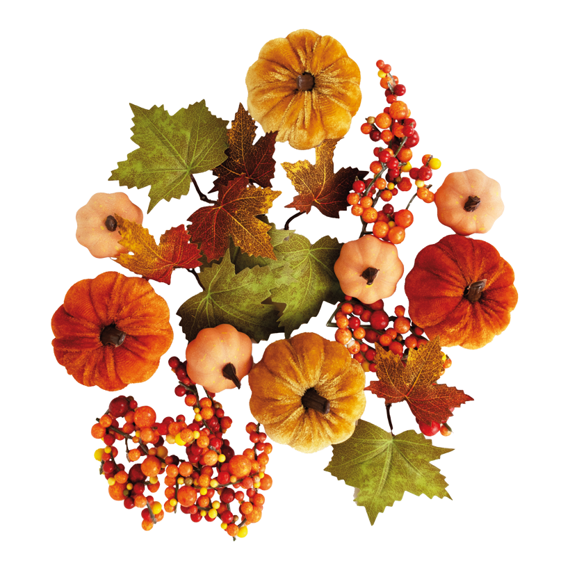 Décoration d'automne en boîte, 140g en plastique/styrofoam, Contenu : citrouilles, feuilles d'érable, baies