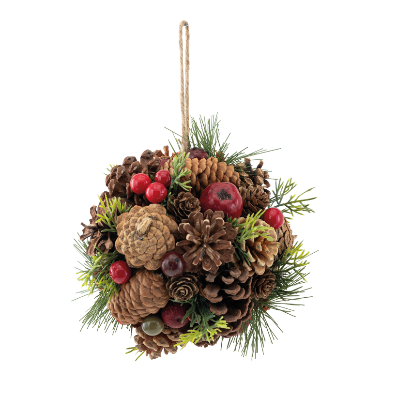 Ball decorated, ⌀ 14cm out of plastic/natural material/styrofoam, with jute-hanger
