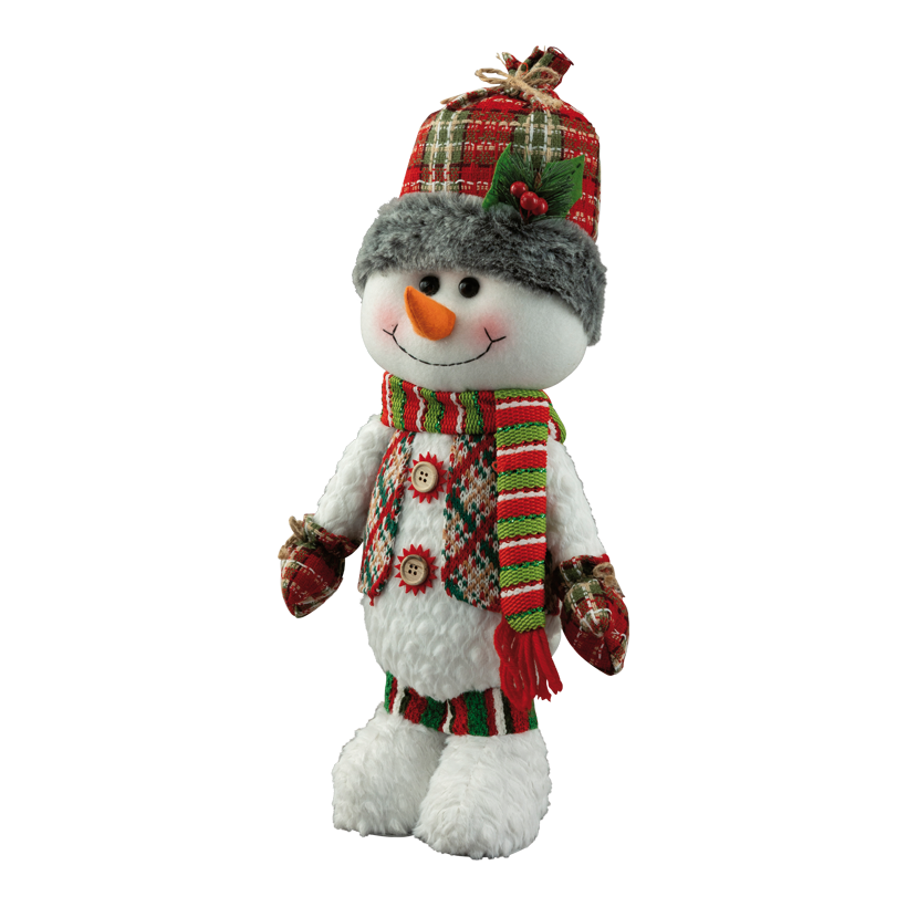 Bonhomme de neige 45x20x15cm en plastique,/tissu, debout, bonnet flexible
