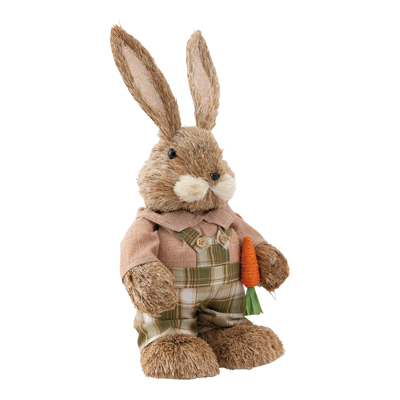 Lapin avec salopette, 40x18x15cm en polystyrène/paille/fibre synthétique