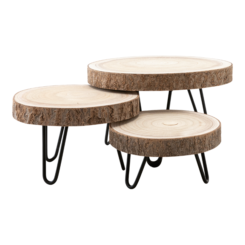 Tische, Ø 18cm, Höhe 9,5cm - Ø 23cm, Höhe 13,5cm - Ø 27cm, Höhe 17cm, Dicke: 3cm 3 Stk./Set, aus Holz, mit Metallfüßen