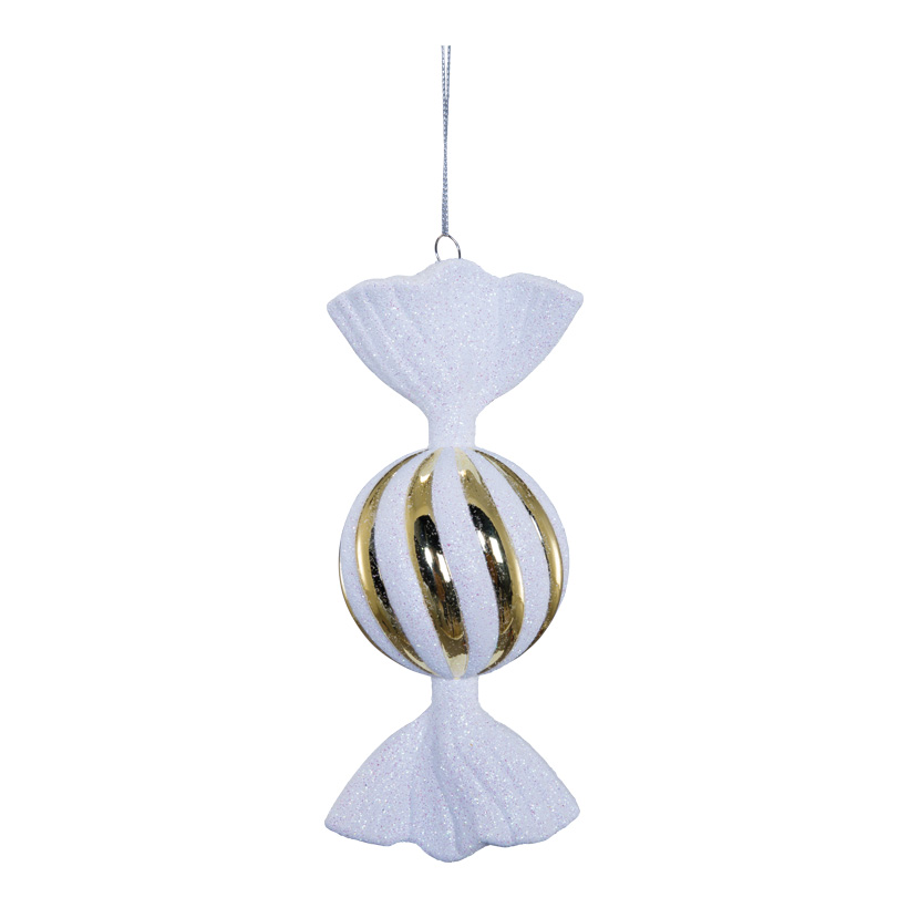 Bonbon, 17cm aus Kunststoff, rund, beglittert, mit Hänger