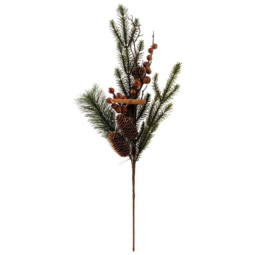 Fir twig, flexible, 60cm Stiel ca. 21cm out of plastic and styrofoam, with berries, real cones and cinnamon sticks