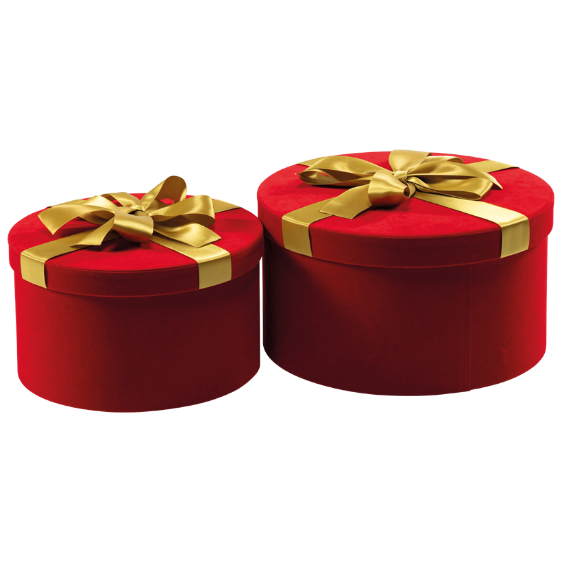Boîtes cadeaux, rondes, Ø 25cm Höhe 14cm und Ø 30cm Höhe 16cm 2pcs/set, en carton recouvert de velours, emboîtables, couvercle amovible