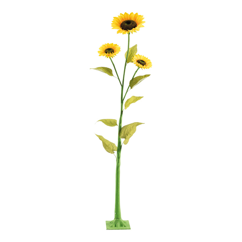 Tournesol, 150cm Blüte: Ø26cm, Ø18cm, Ø16cm 3-fois, en plastique/soie synthétique, 2 parties, 6 feuilles, pied plastique : 21x21cm