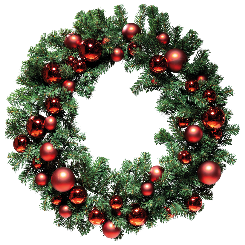 Noble fir wreath, "Deluxe", one-sided, Ø 90cm 8x Ø 10cm, 12x Ø 8cm und 24x Ø 6cm with 44 balls in shiny and matt, out of PVC and plastic, with 180 tips, flame retardant according to EN71-2