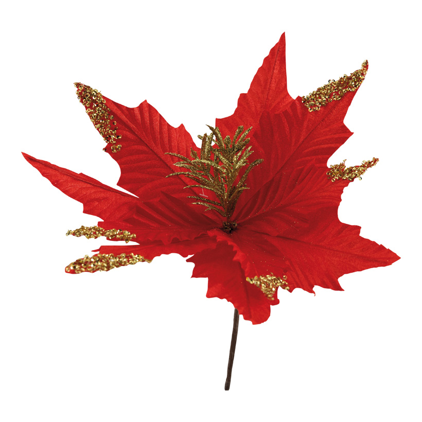 Poinsettiastecker, Ø 31cm Stiel: 14,5cm aus Kunststoff/Kunstseide, mit Glitter & Pailletten, biegsam