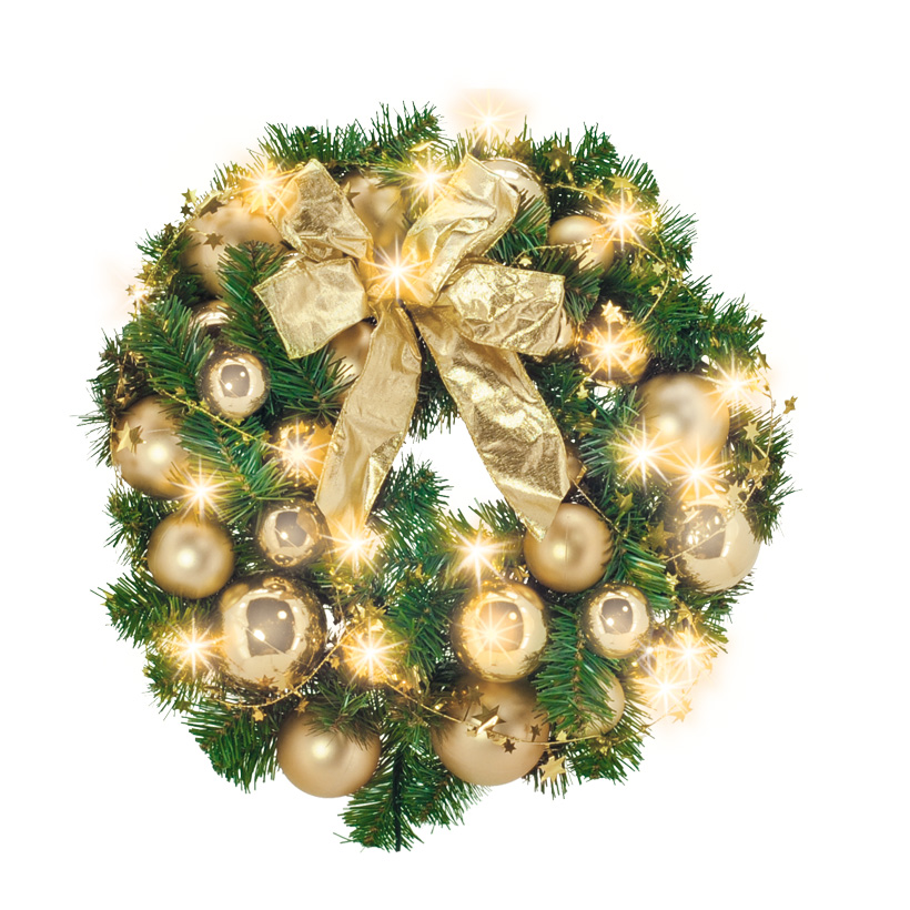 Couronne de sapin, Ø 45cm, décoré, 30 LED, chaud/blanc, Prise: 2,5A, 250V