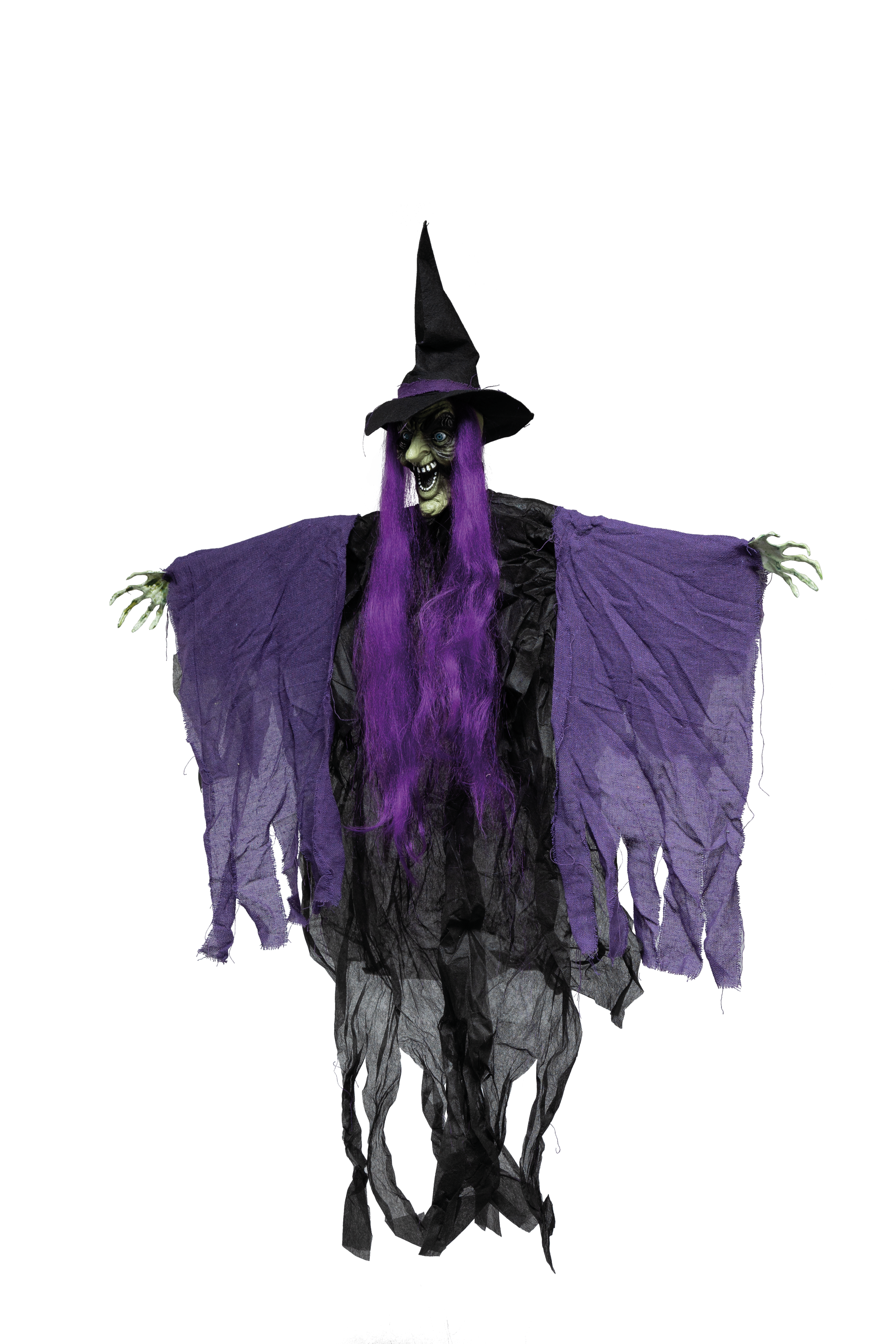 Witch figure, 146x65cm out of plastic/textile, moveable arms, 3x LR44 batteries required