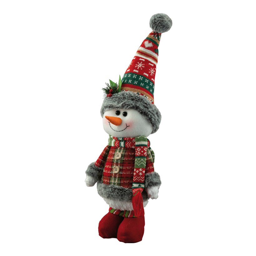 Bonhomme de neige 59x20x15cm en plastique,/tissu, debout, bonnet flexible