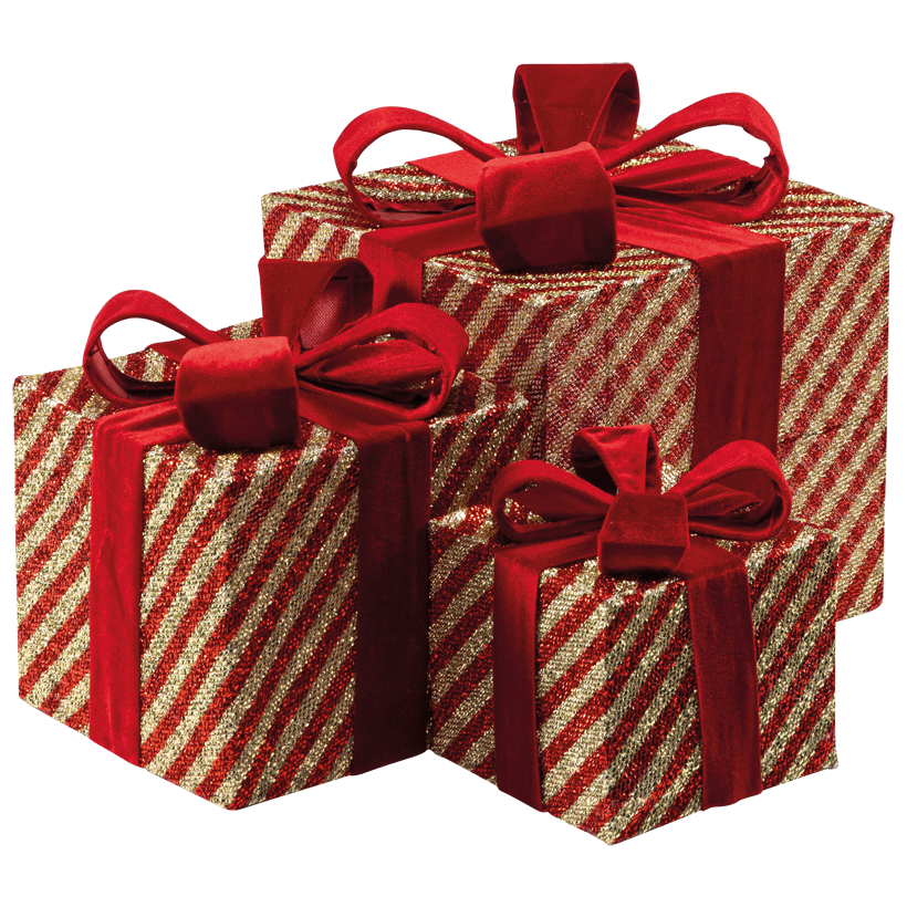 Gift boxes, 17x15x15cm, 25x20x20cm und 29x25x25cm 3 pcs./set, out of glitter fabric and metal, striped, nestable