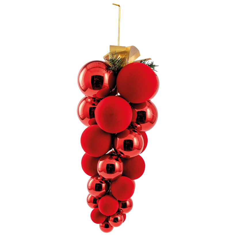 Traubenhänger, mit Tanne, 45cm Ø Kugeln 4-10cm aus Kunststoff, aus 29 Weihnachtskugeln, glänzend und samten