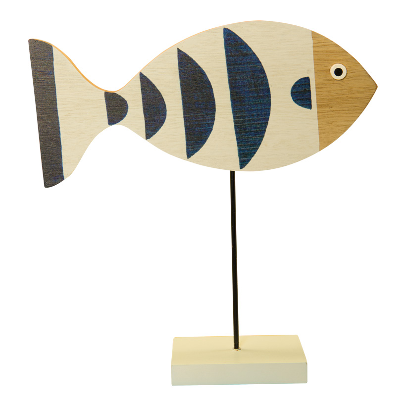 Fisch auf Ständer, 32x30cm Maße Fisch: 30x13x2cm, Maße Holzfuß: 12x8x2cm aus Holz/Metall, doppelseitig