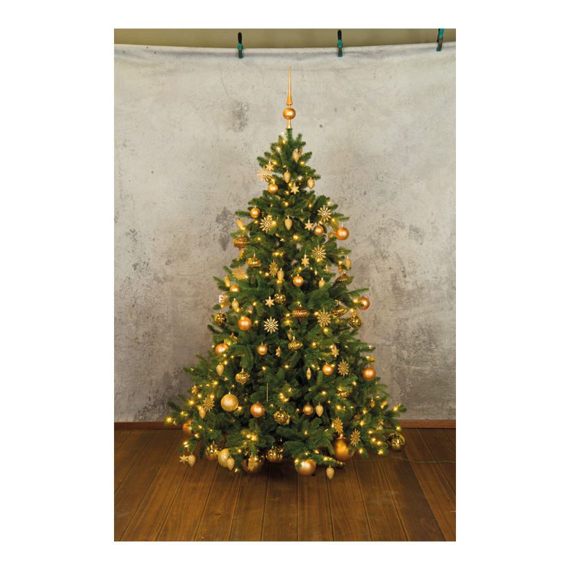 Edeltanne, PE/PVC-Mix, 210cm Ø ca. 155cm mit 1.252 Tips (751 PVC/135 PE), mit 400 warm weißen LEDs, 3-teilig+Metallständer, 195 Ornamente werden seperat mitgeliefert