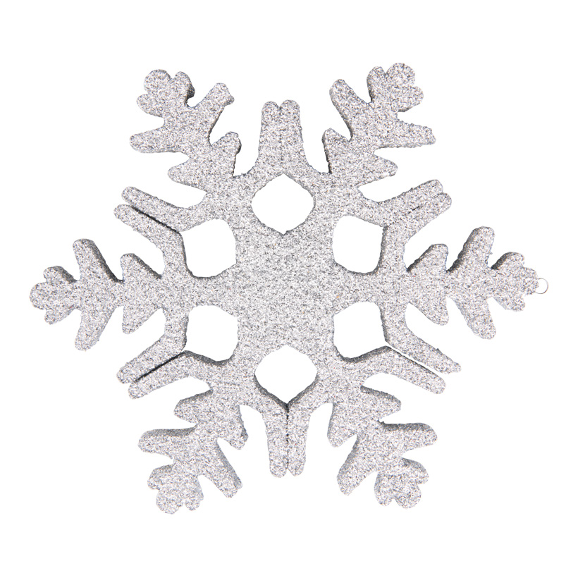Snowflake, 20cm out of styrofoam, glittered, with suspension hook