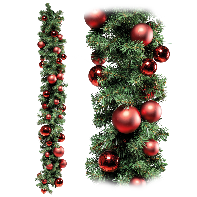Noble fir garland, "Deluxe", double-sided, 180cm, Ø 30cm 4x Ø 12cm, 6x Ø 10cm, 12x Ø 8cm und  24x Ø 6cm with 46 balls in shiny and matt, out of PVC and plastic, with 180 tips, flame retardant according to EN71-2