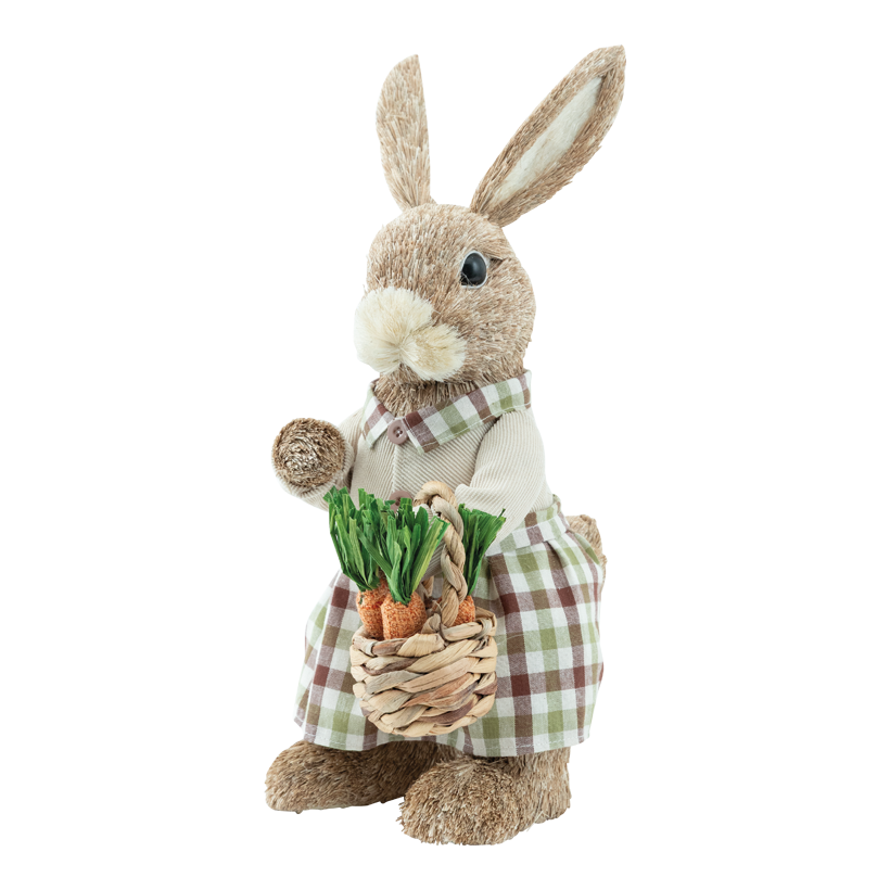 Lapin avec robe, 40x19x19cm en fibre synthétique/polystyrène/paille, panier avec carottes, debout