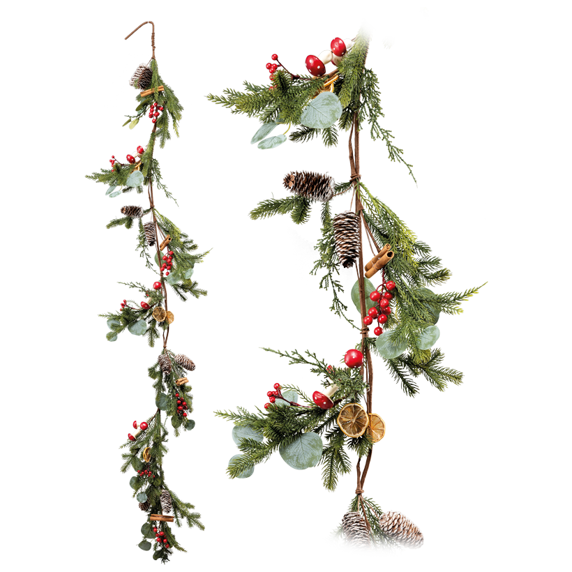 Fir garland, flexible, with hanger, 180cm out of plastic and styrofoam, with berries, cones, cinnamon sticks and mushrooms