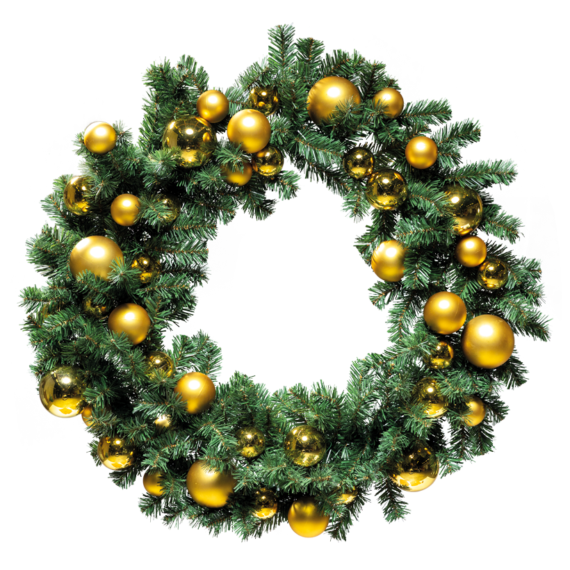 Noble fir wreath, "Deluxe", one-sided, Ø 90cm 8x Ø 10cm, 12x Ø 8cm und 24x Ø 6cm with 44 balls in shiny and matt, out of PVC and plastic, with 180 tips, flame retardant according to EN71-2