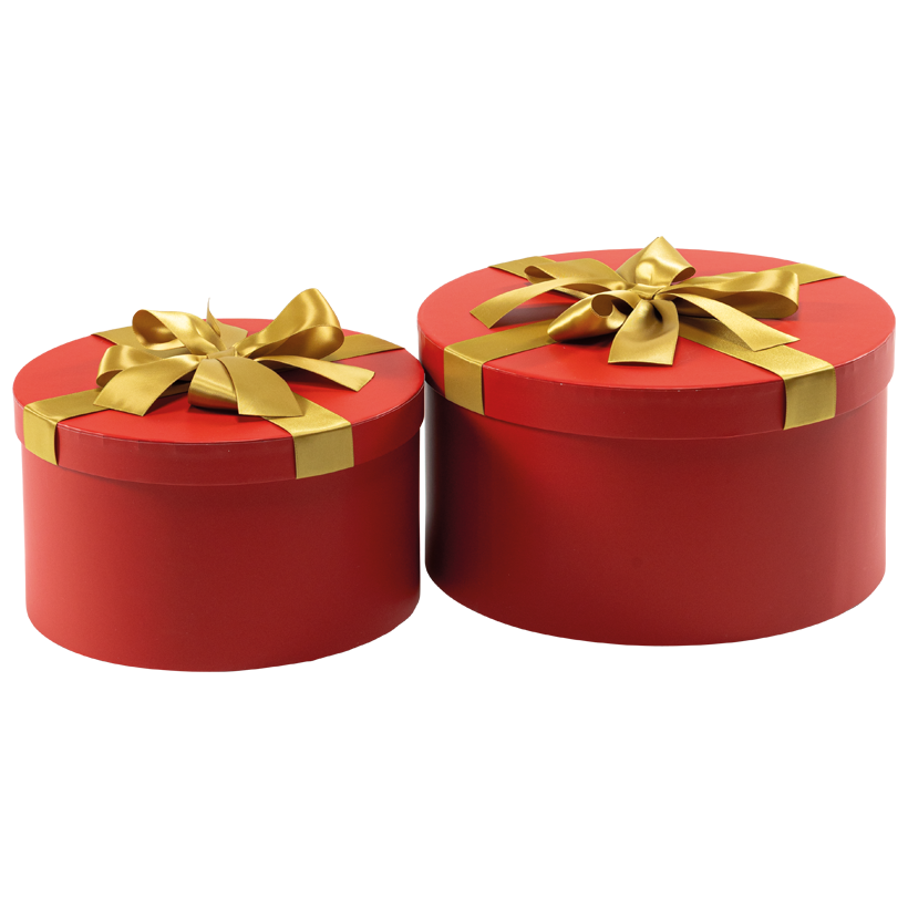 Boîtes cadeaux, rondes, Ø 25cm Höhe 14cm und Ø 30cm Höhe 16cm 2pcs/set, en carton recouvert de velours, emboîtables, couvercle amovible
