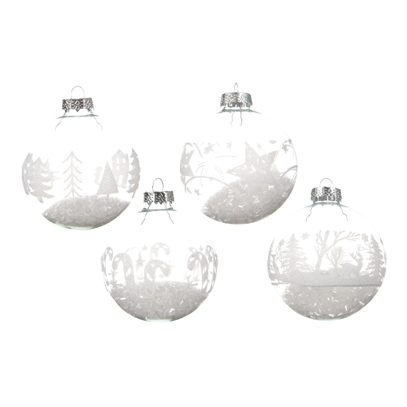 # Glass balls, Ø 8cm filled with artificial snow, set of 12, 4 designs assorted