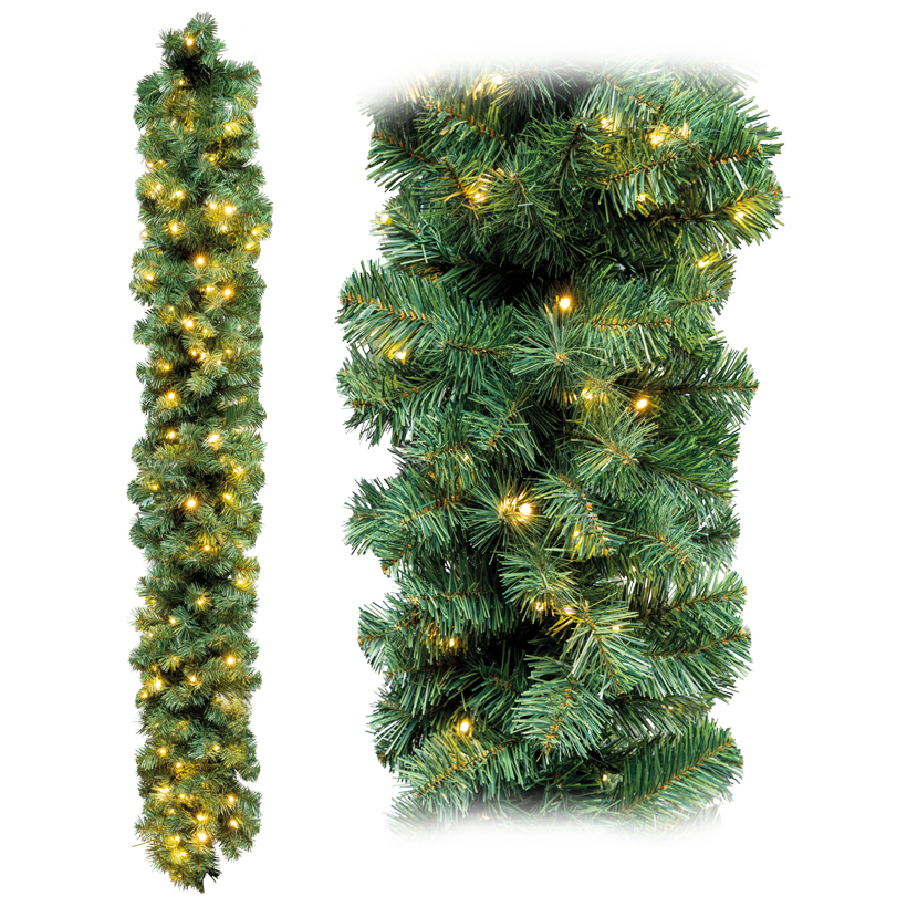 Fir garland, 180cm Ø 30cm 12x connectable, with 300 PVC tips and 120 warm white LEDs, with IP44 20W transformer for outdoor, EN71-2
