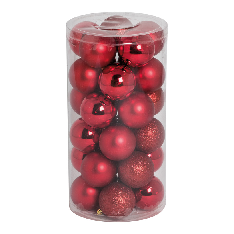 30 Boules de Noël, rouge, Ø 6cm en plastique, sous blister, 12x brillant, 12x mat, 6x scintillant