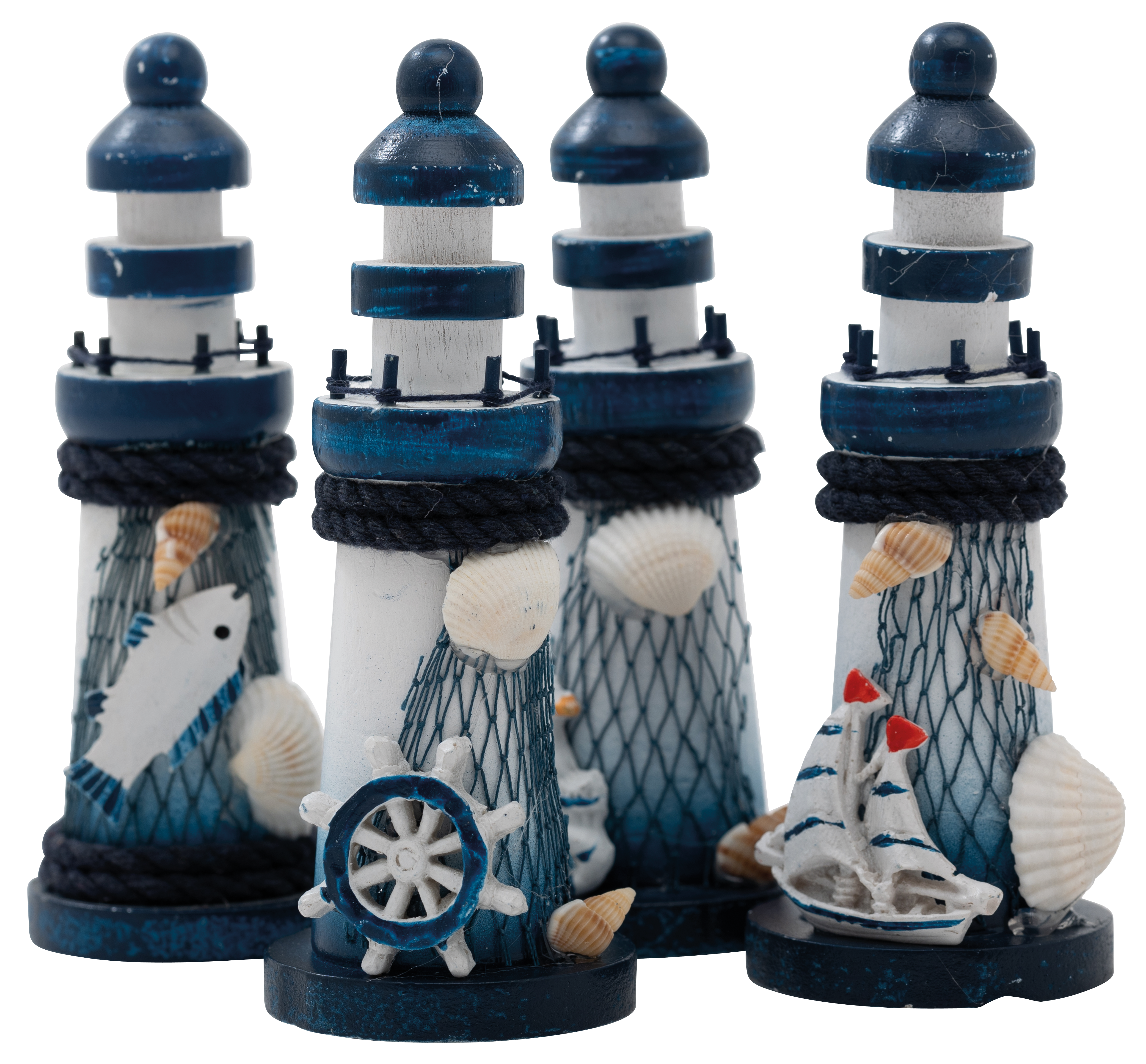 Lighthouses with decoration, 13x5x5cm 4 pcs./set, out of wood