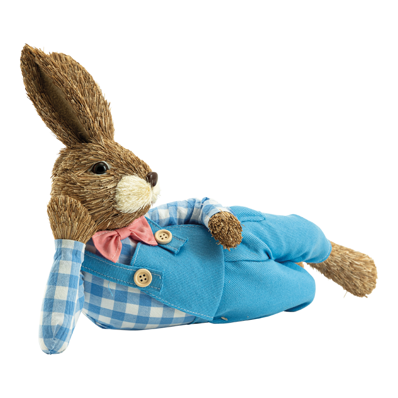 Hase mit Latzhose, 25x38cm aus Kunstfaser/Styropor/Stroh, liegend