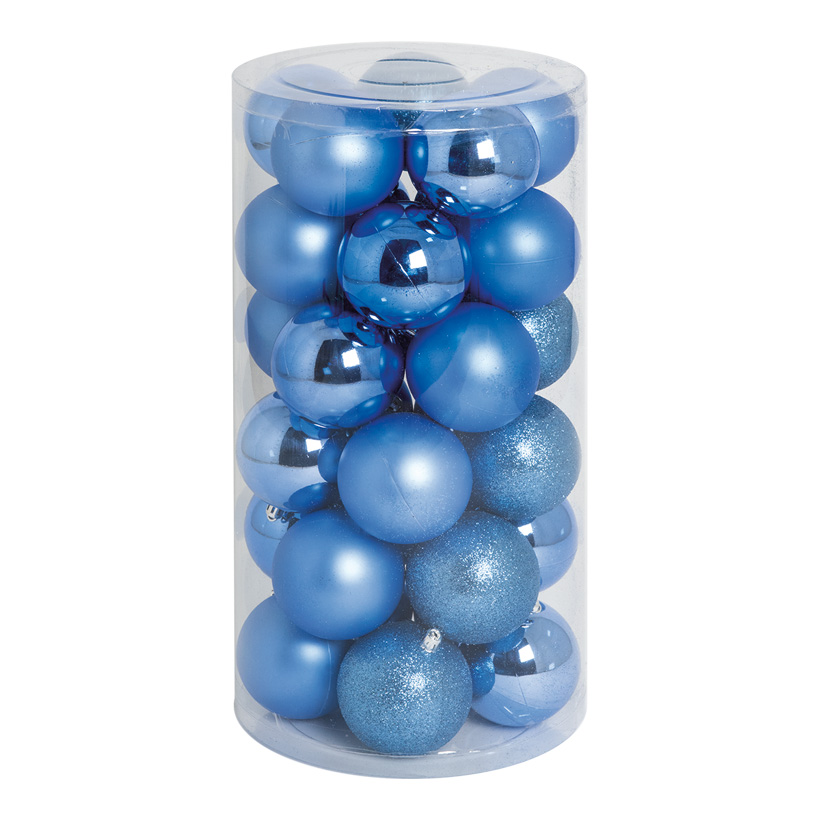 30 Weihnachtskugeln, blau, Ø 8cm 12x glänzend, 12x matt, 6x beglittert
