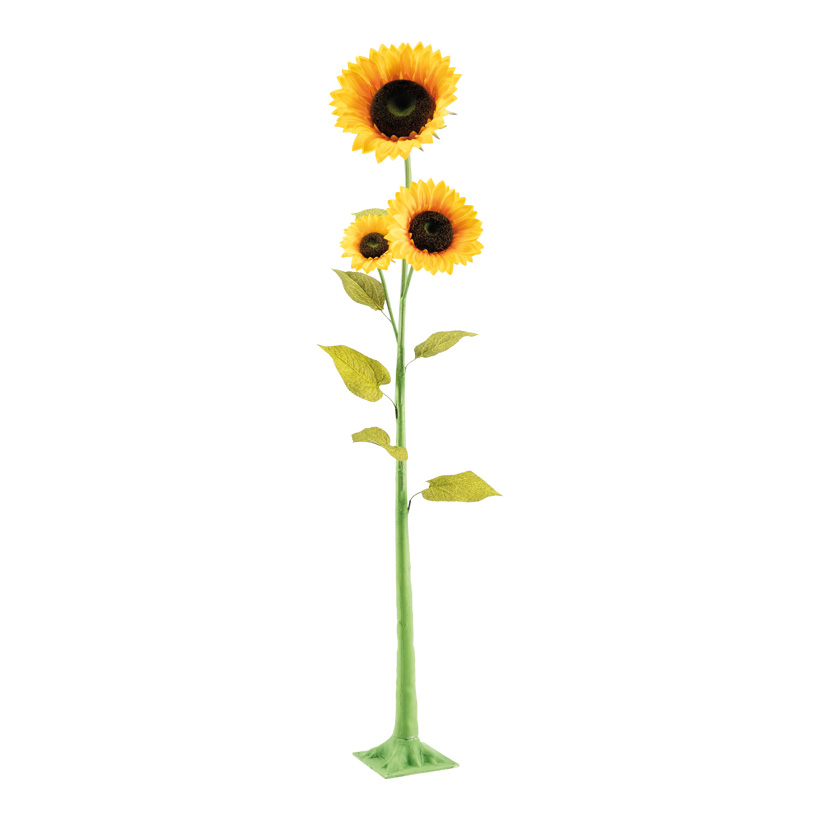 Tournesol, 180cm Blüte: Ø 36cm, Ø 26cm, Ø 18cm 3-fois, en plastique/soie synthétique, 2 parties, 6 feuilles, pied plastique : 21x21cm