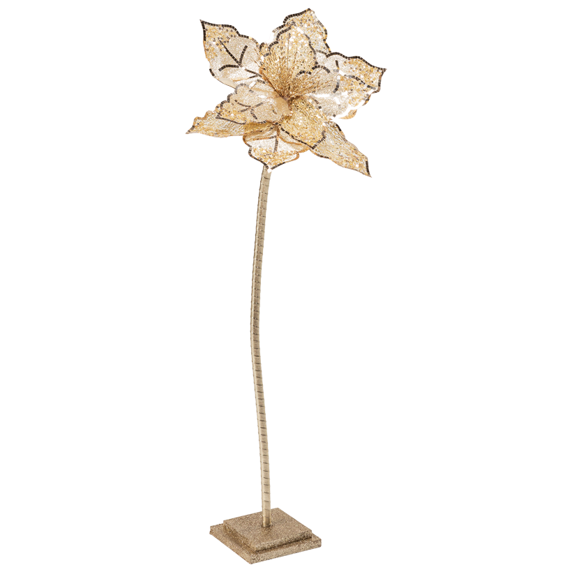 Poinsettia on wooden base, 97cm Blüte 45x40cm, Stiel 80x1,5cm, Fuß 15x15x3,5cm 3-part, out of plastic, with glitter and sequins